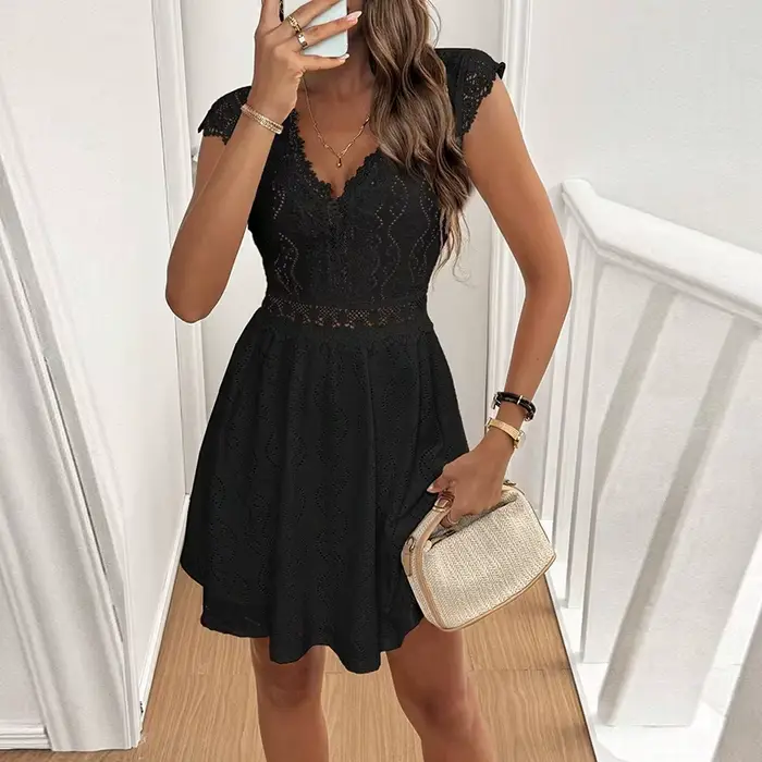 Femmes élégantes robe courte fleur imprimé col en V a-ligne à manches courtes