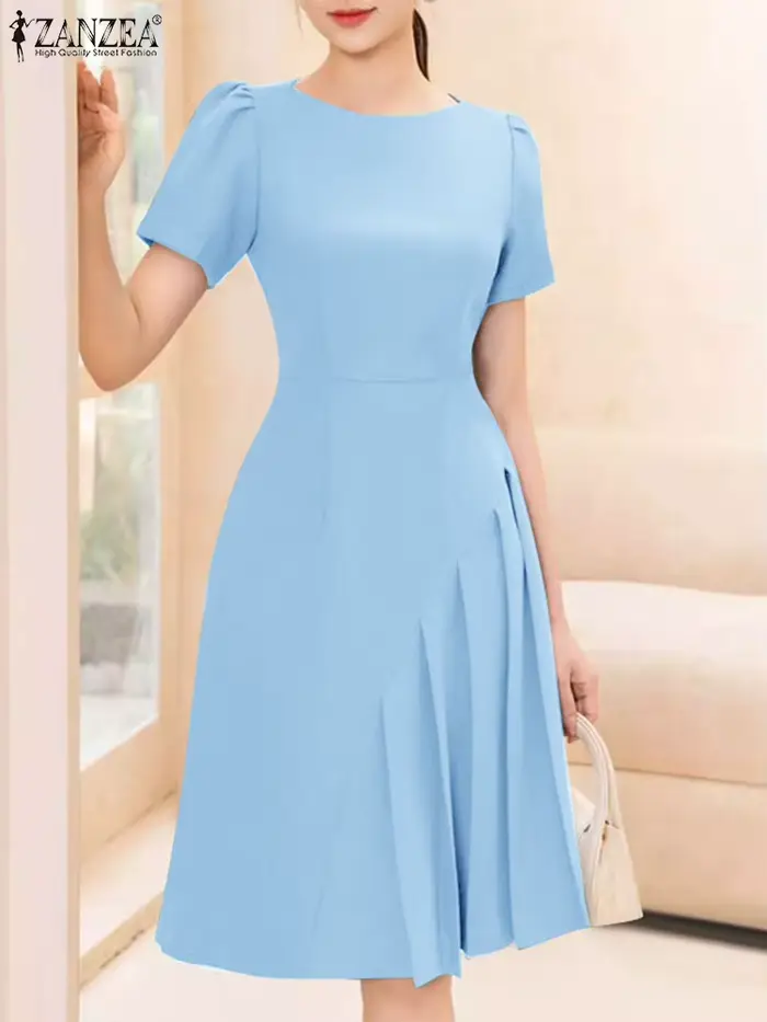 Robe plissée ZANZEA en polyester et élasthanne col rond longueur aux genoux pour femmes occasions spéciales été