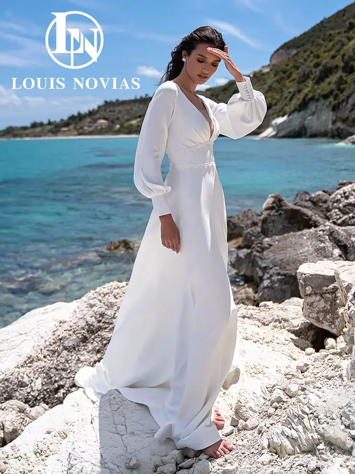 LOUIS NOVIAS robes De mariée en Satin pour femmes lanterne manches col en v Court Train a-ligne robe
