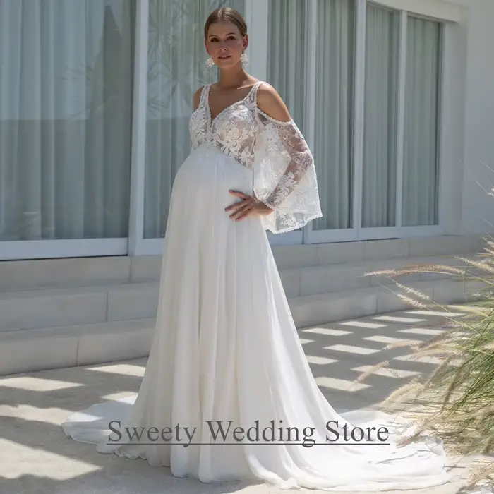 Robe de mariée pour mariée enceinte, personnalisée, manches chauve-souris détachables, col en V, tra