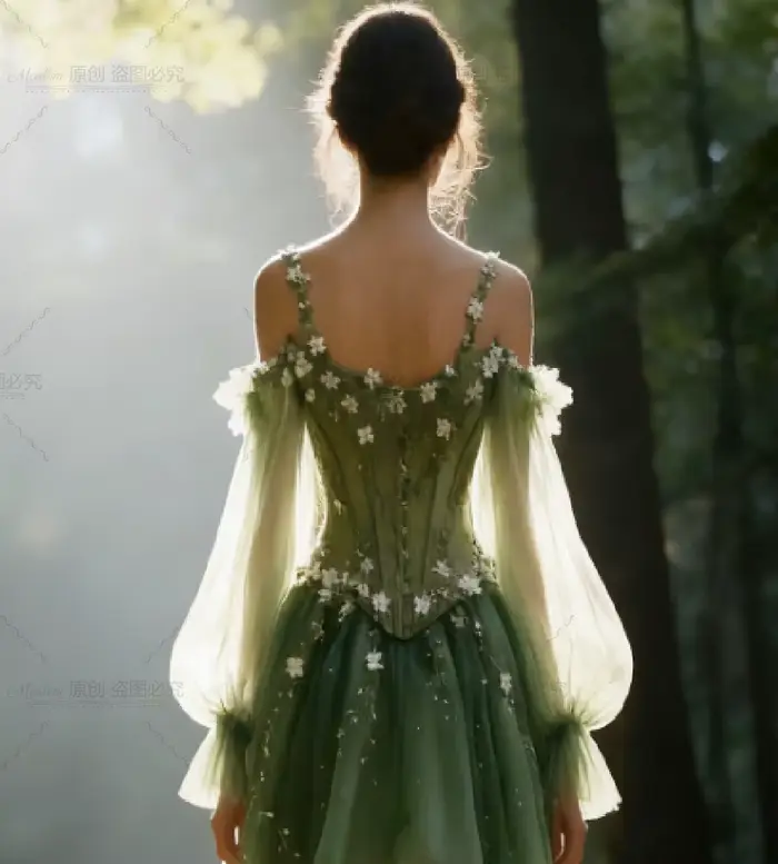 Robe de mariée vert forêt féerique 2026 à manches longues