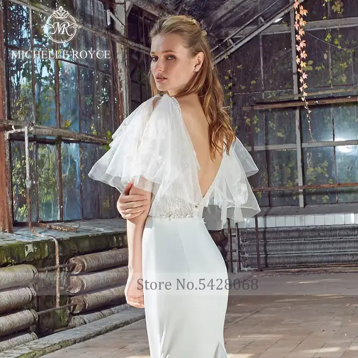 Robe de mariée Michelle Royce Sirène en mousseline avec décolleté en V illusion et manches évasées pour femmes élégantes et occasions spéciales