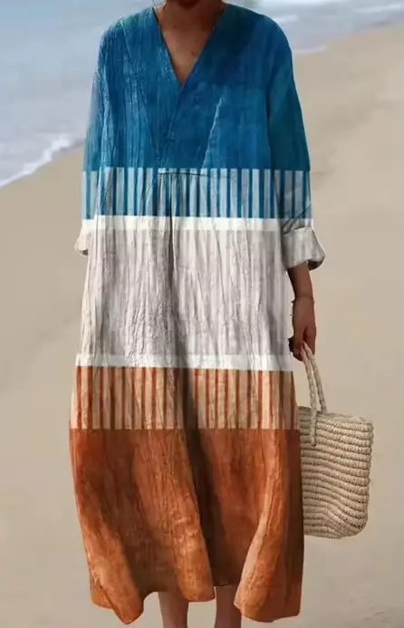 Nouvelle Robe Longue de Plage Ample à Col en V et Manches Longues Imprimées, Style Vacances Tendance