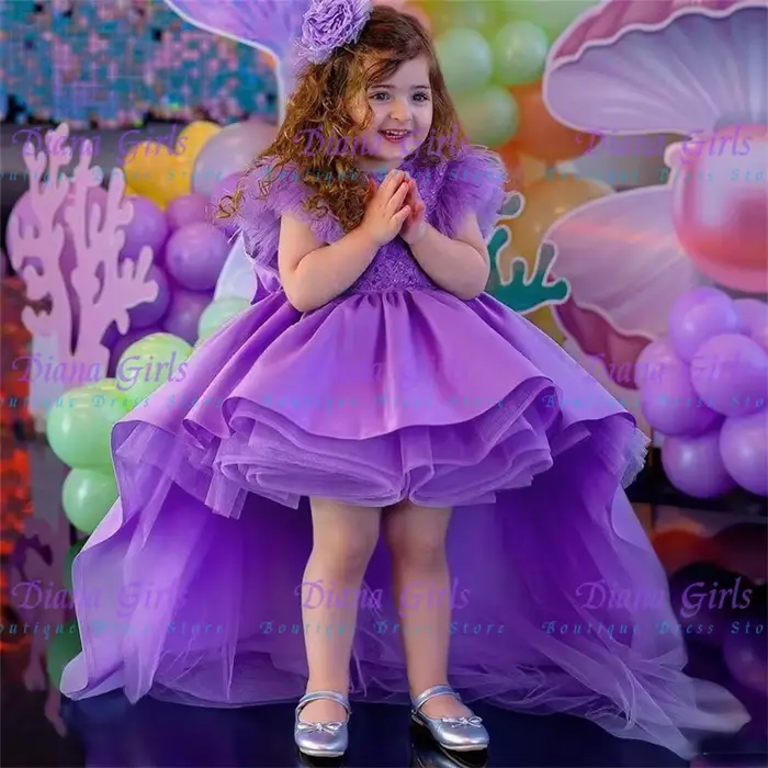 Belle robe bleue à fleurs pour filles, perles perlées, haut de charbon avec jupe bouffante, robes de fête pour tout-petits, grand nœud, haut-bas, longue boule de train