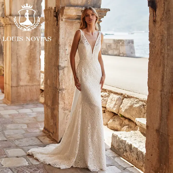 Modiis-Robe de mariée sirène avec rubans, robe de mariée éducative, impression florale découpée, col
