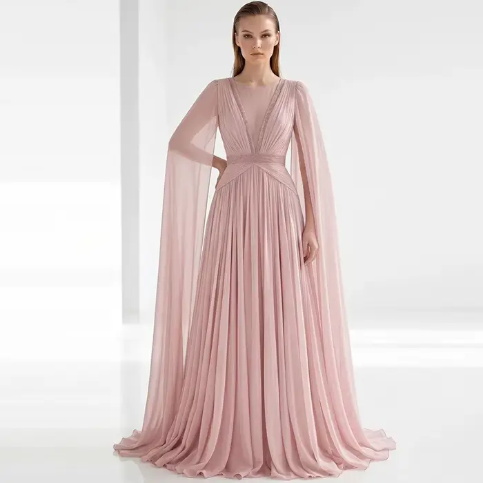 Robe de soirée classique en mousseline à col en V, manches longues simples, robes de cérémonie éléga