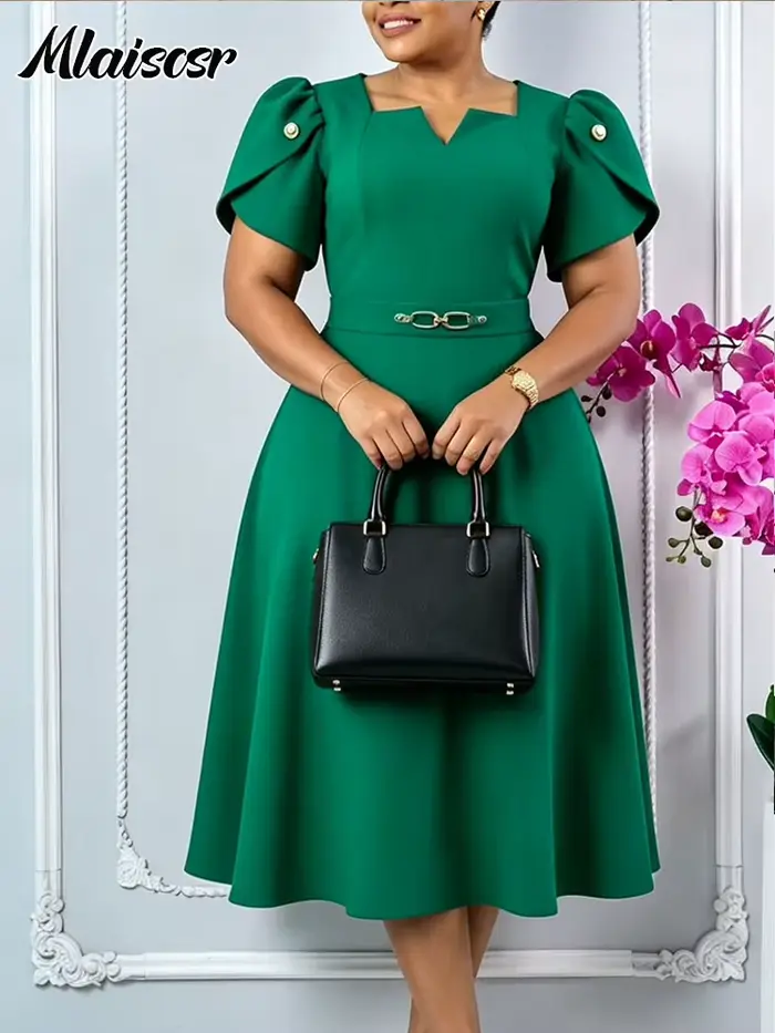 Robe midi trapèze Mlaiscsr élégante avec col en V et manches bouffantes pour femme, idéale pour le bureau, l'église et les occasions spéciales