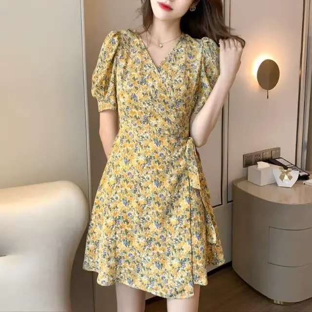 Robe Midi légère en mousseline de soie, manches bouffantes, style coréen, motif Floral, décontractée