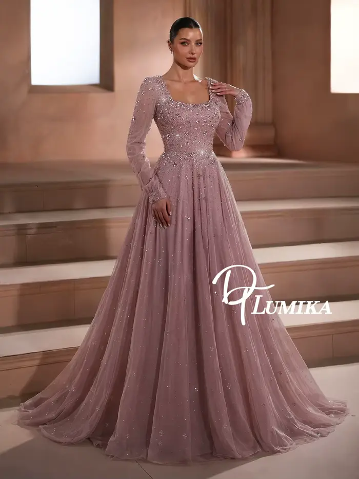 Robe de soirée rose en forme de A, col carré orné de perles brillantes, robe de bal personnalisée, m
