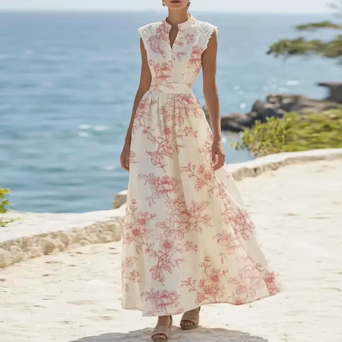 Robe longue de vacances élégante en dentelle patchwork sexy, col en V sans manches, plissée, pour fe