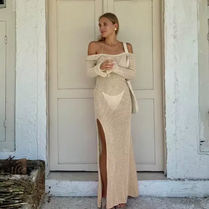 Robe longue en tricot dos nu avec fente latérale, couverture de Protection solaire à manches longues