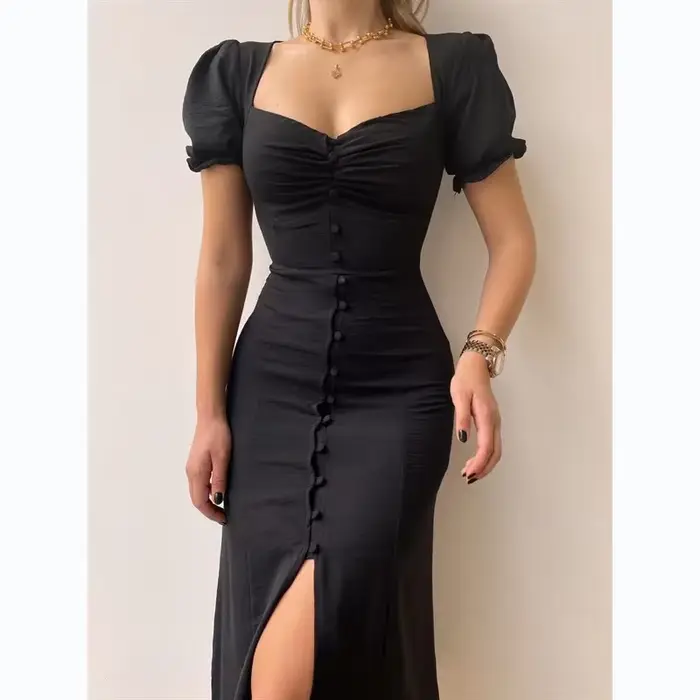 Robe mi-longue à col en V enveloppante de poitrine avec manches courtes bouffantes pour femmes élégantes et sexy occasions spéciales été 2024