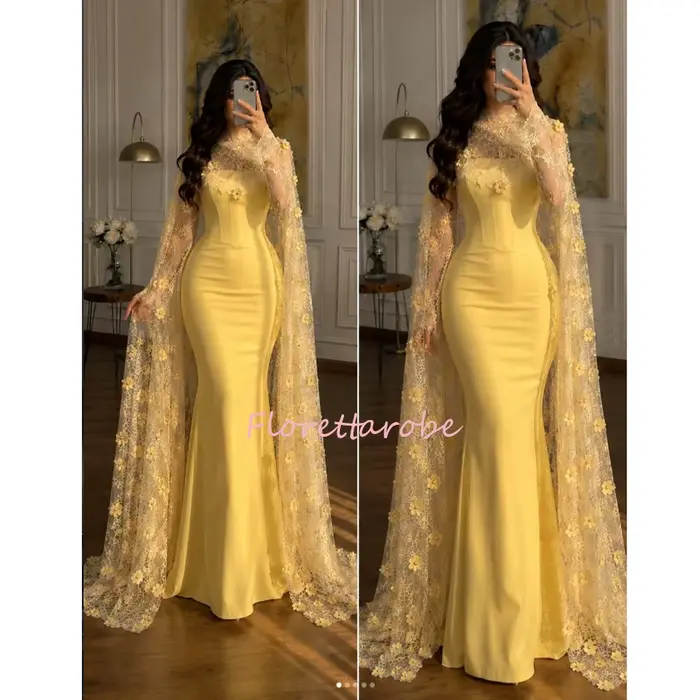Robe de bal élégante en dentelle jaune avec fleurs 3D
