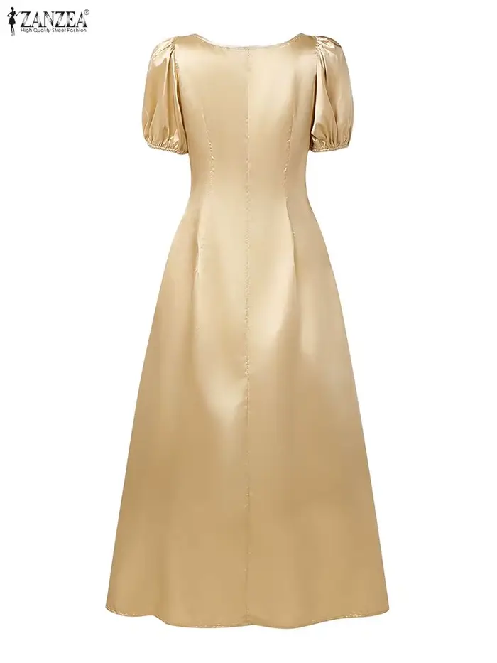 ZANZEA femmes Satin invité de mariage robes longues élégant Chic col carré manches courtes bouffantes taille ajustée robe trapèze S-3XL