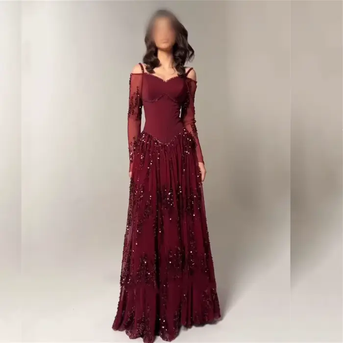 Charmante robe de soirée épaules dénudées, manches longues, ligne A, robe de bal, mode paillettes pl