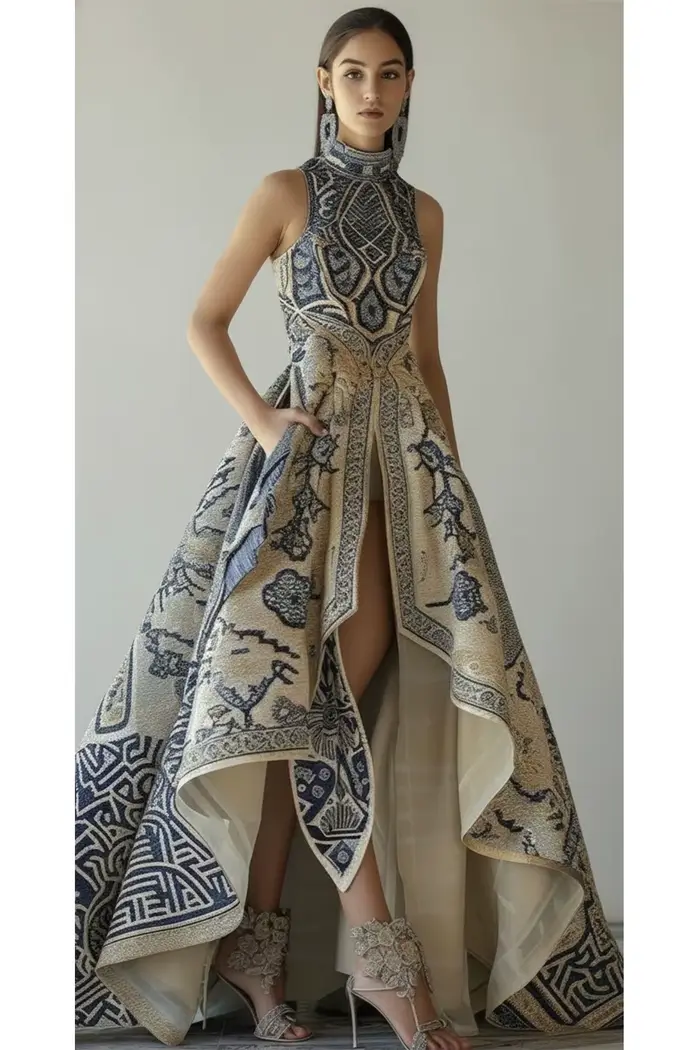 Robe longue asymétrique à imprimé géométrique pour femme, sans manches, col montant, avec poches, ro