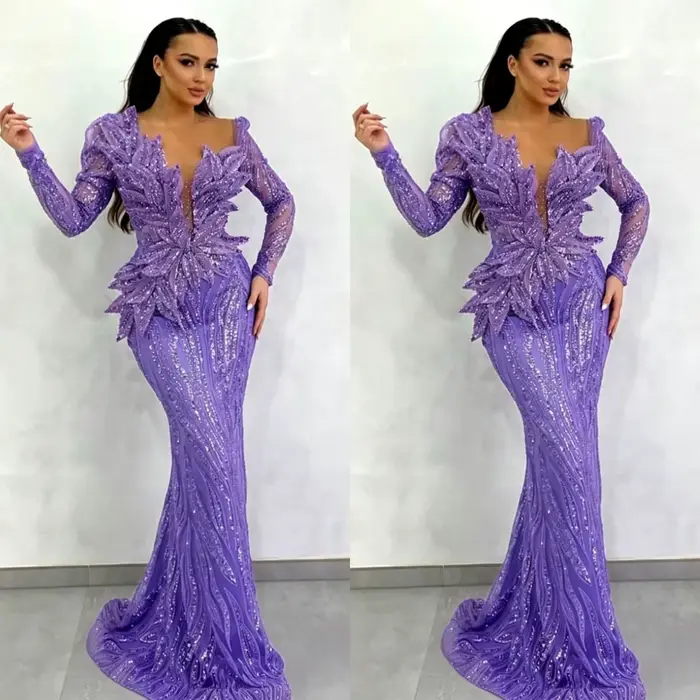 Robe de bal lilas à col en V et manches longues avec motif feuille, robe de soirée sirène à sequins 