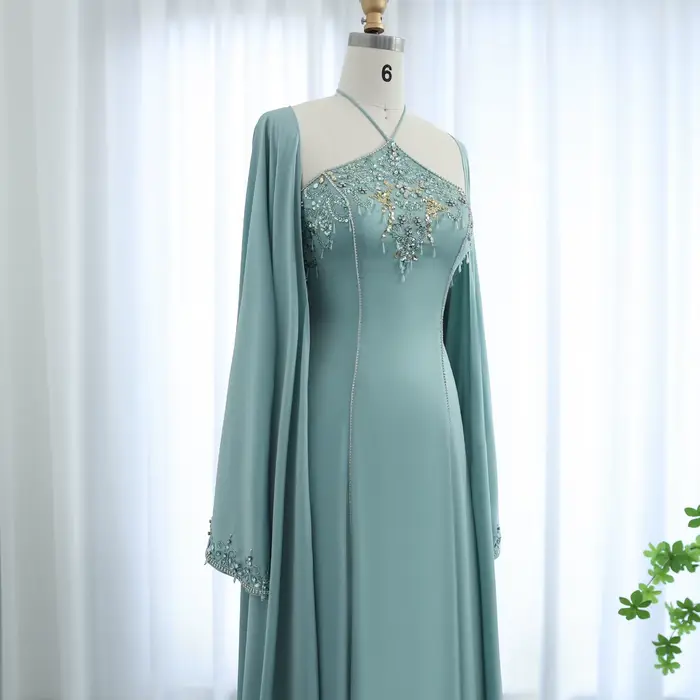 Robe Sharon Said de Luxe à Col Licou Vert Sauge avec Perles et Cristaux pour Soirées Officielles et Mariages