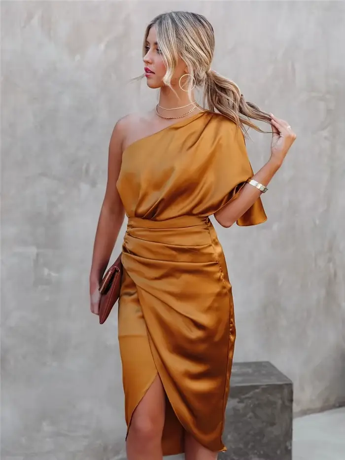 HBLL robes élégantes pour femmes col diagonale été Sexy Satin simple manches plissé solide jupe irrégulière robe de soirée noire