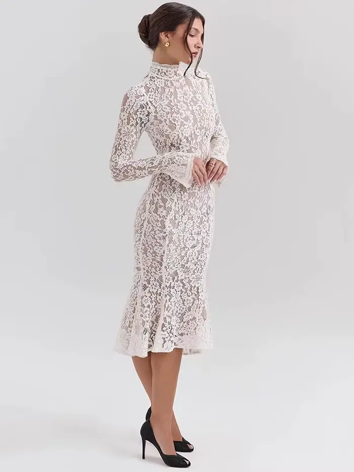 Robe longue en dentelle polyester pour femmes, style Y2K, col rond, taille haute, manches spaghetti, longueur cheville, pour soirées et clubs