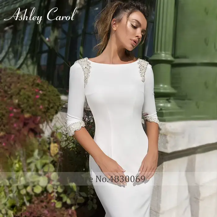 Ashley Carol-Robe de Mariée Sirène en Satin à Manches sulfet Dos aux