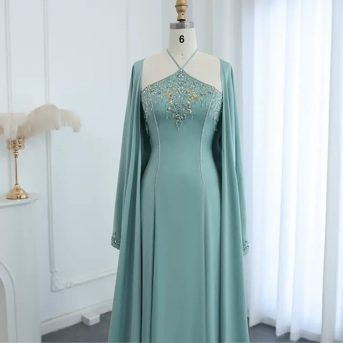 Robe Sharon Said de Luxe à Col Licou Vert Sauge avec Perles et Cristaux pour Soirées Officielles et Mariages