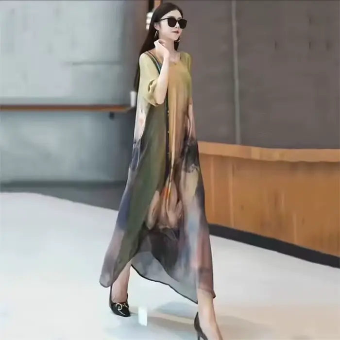 Robe longue amincissante d'été haut de gamme, tendance, style rétro, jupe large avec imprimé floral, coupe ample et amincissante