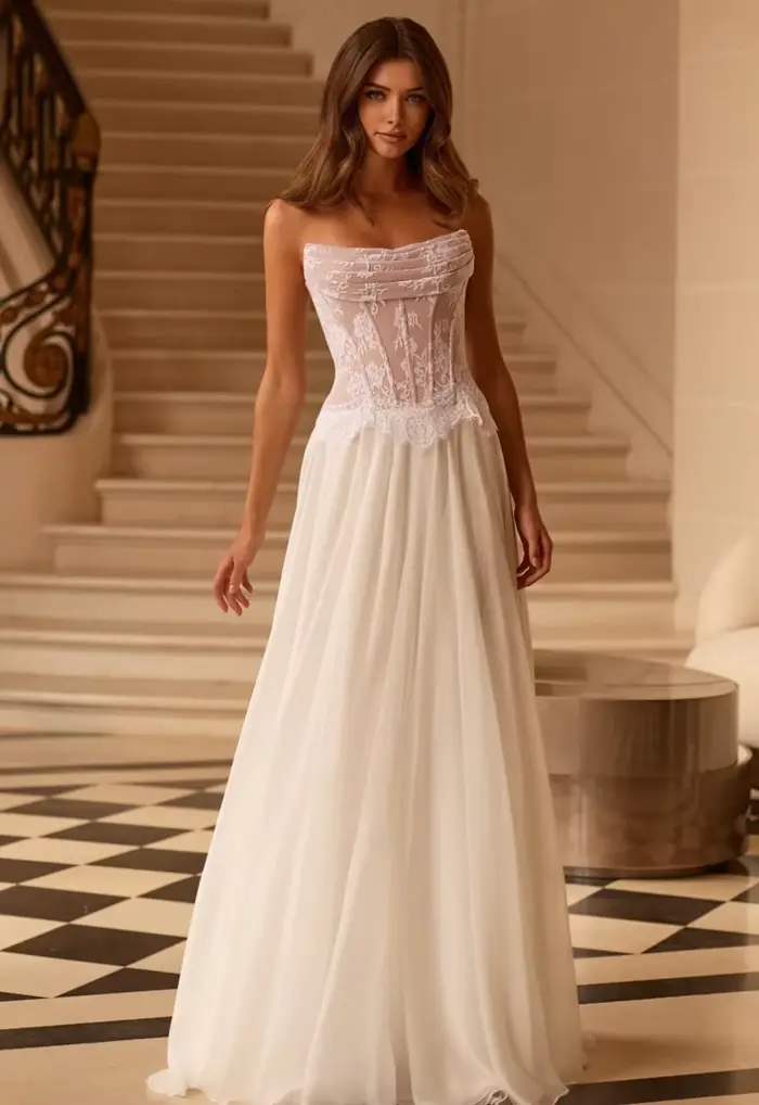 Robe de mariée blanche sans bretelles en dentelle transparente