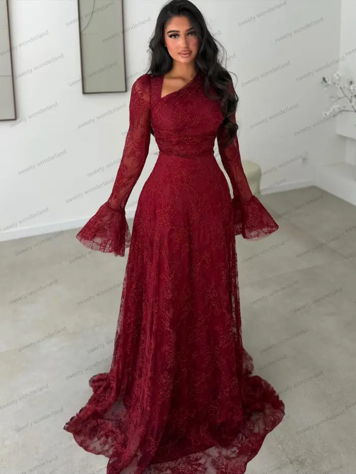 Robe de soirée en dentelle rouge avec manches longues pour femmes, élégante, pour soirées officielles et mariages