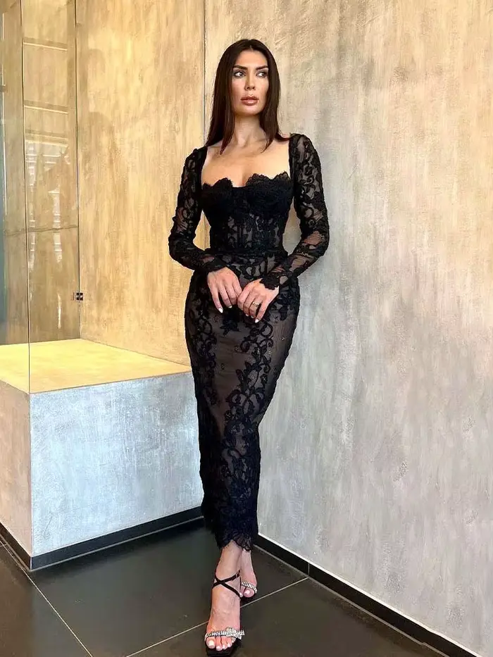 Robe de soirée sirène en dentelle noire, manches longues, corset, sans bretelles, robes de Rh, longu