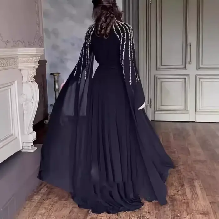 Robe de soirée modeste arabe élégante en polyester pour femmes, dentelle, col haut, longueur classique, tenue pour événements formels