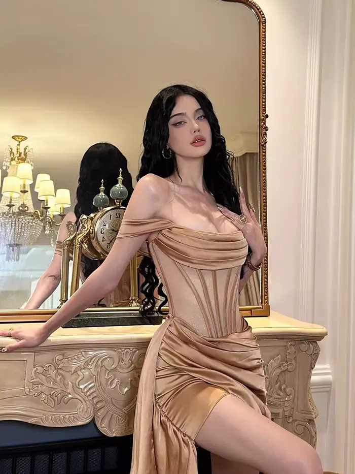 REDDACHIC-Mini robe corset en satin doré pour femme, robe transparente, patchwork en arête de poisso
