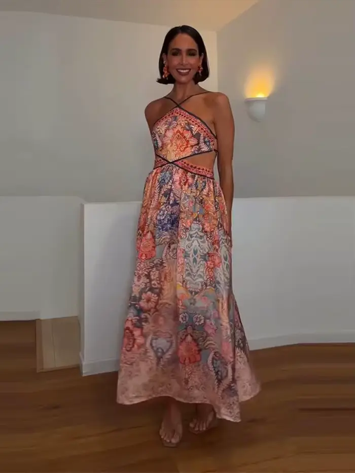 Robe longue élégante pour femme col en V taille smockée poignets à volants manches longues fluides collection été 2026 tenue de plage féminine polyestersmooth