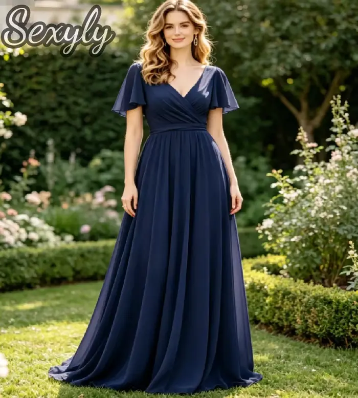 Robe de demoiselle d'honneur en chiffon vert sauge col en V manches courtes volantes coupe évasée longueur ras du sol soirée invité mariage