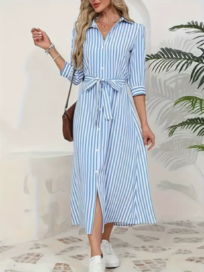 Robe chemise midi rayée verticale bleue et blanche pour femme