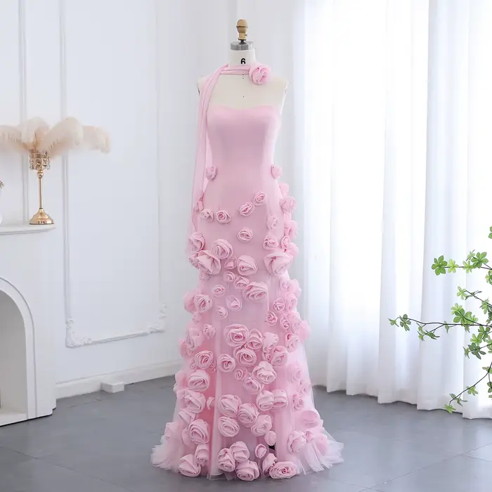 Sharon Said robe de soirée sirène rose avec fleurs 3D fente sans bretelles élégante pour les femmes 