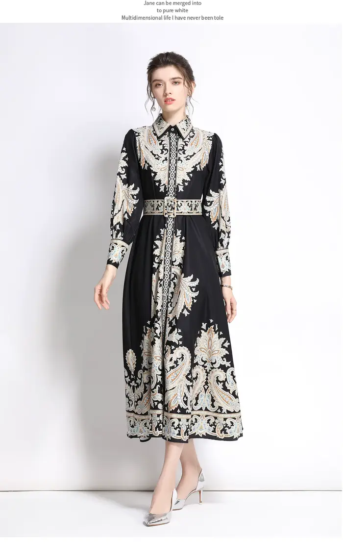 WEIN femmes bleu robe florale Vintage à manches longues printemps jupe de haute qualité formelle déc
