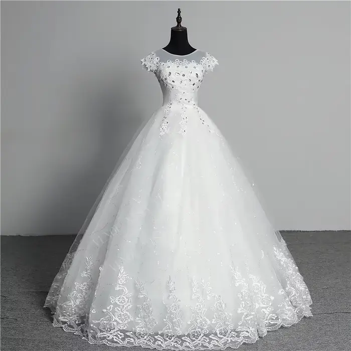 VLNUO NCrawPluse-Robe de mariée à col rond avec manches