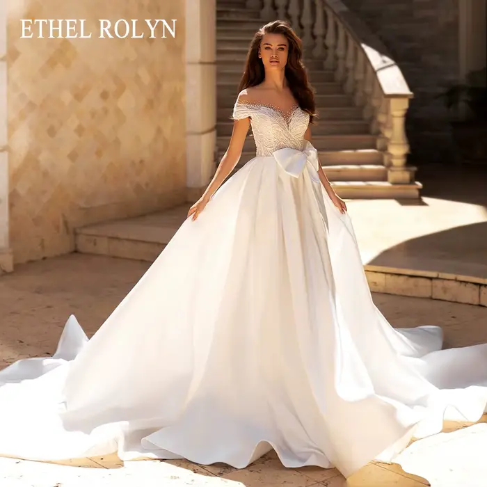 ETHEL ROLYN robe De mariée trapèze Chic perlée chérie dos nu princesse mariée hors De l'épaule nœud 