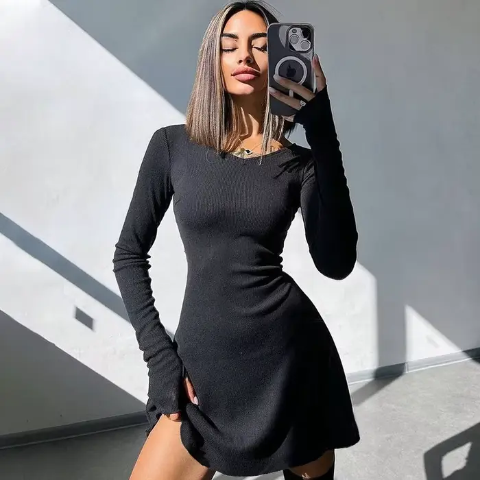 Femmes élégantes et jolies robes automne hiver nouveau noir Sexy robe courte femme col en V à manche