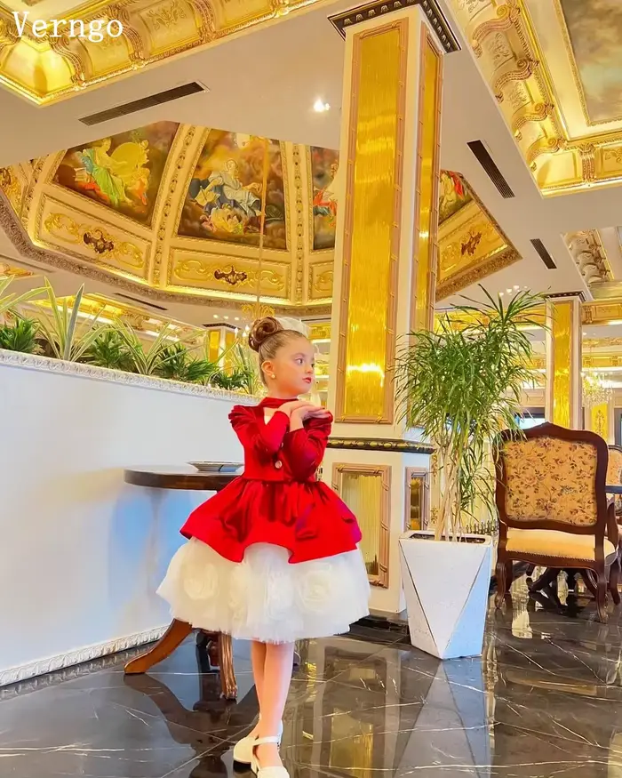 Verngo-Robe Tutu Rouge à Fleurs 3D pour Fille
