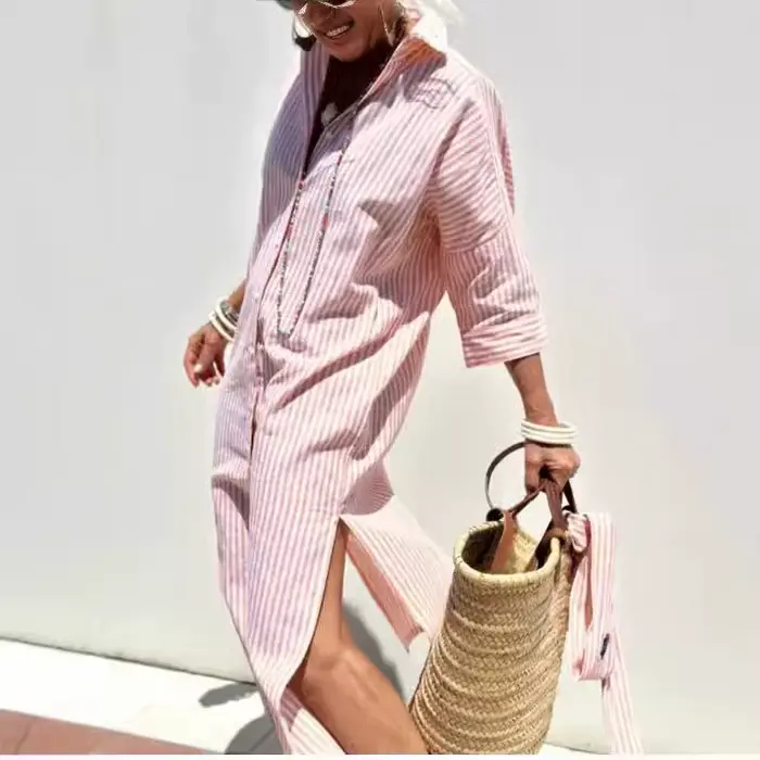 Robe longue d'été pour femme imprimée col en V décontractée polyester lin mi-mollets trois quarts occassions spéciales femmes