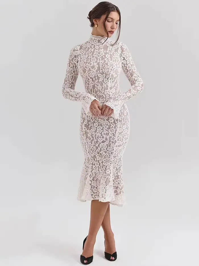 Robe longue en dentelle polyester pour femmes, style Y2K, col rond, taille haute, manches spaghetti, longueur cheville, pour soirées et clubs