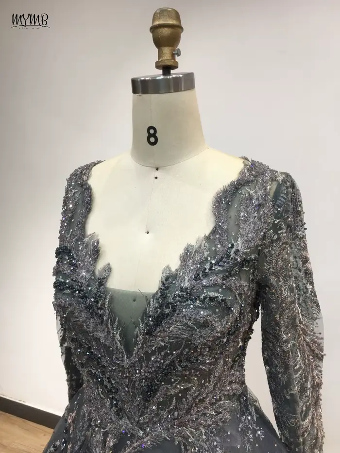 Robe de soirée MYMB en polyester avec décoration en perles et dentelle pour femmes, col en V, ligne A, mariage, fiançailles, soirée élégante, luxe, arabe
