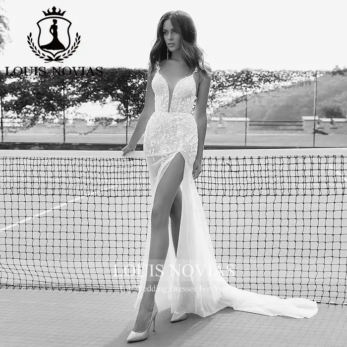 LOUIS NOVIAS robe De mariée Style sirène Sexy bretelles Spaghetti Illusion dos nu cuisse fendue