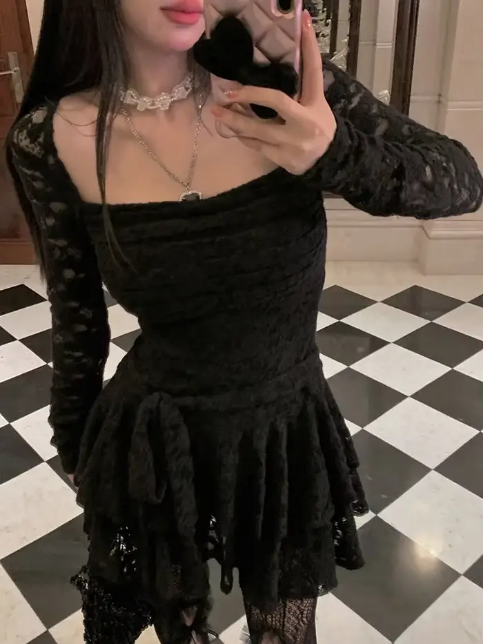 Robe décontractée en dentelle KOSAHIKI col carré taille cintrée tunique pour femme occasions spéciales années 2000