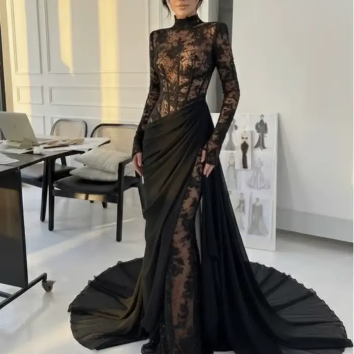 Personnalisé noir modeste Sexy en mousseline de soie plissée drapée dentelle sirène col haut robes l