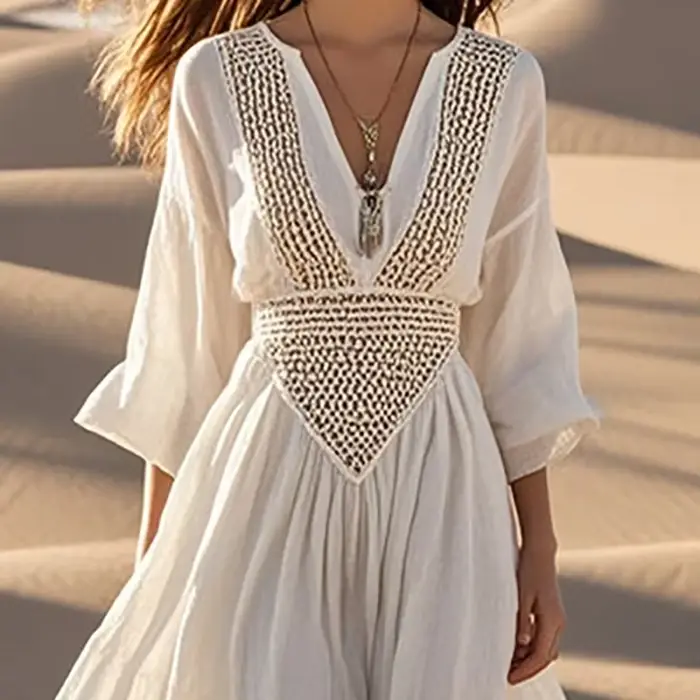 Vintage Boho Vintage robe de plage creuse femme printemps solide Sexy col en V ample fête longue robe à manches longues plissée robe de vacances