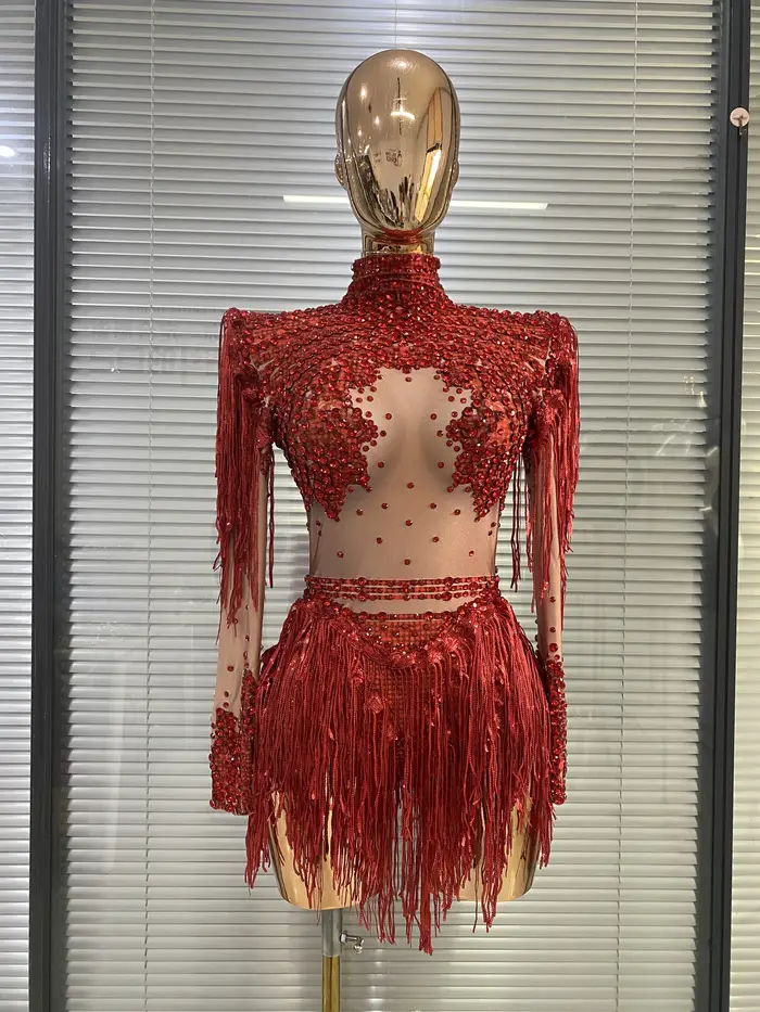 Robe de danse de salon pour femme en polyester rouge scintillante avec strass et paillettes pour soirée spectacle danse hip-hop photo