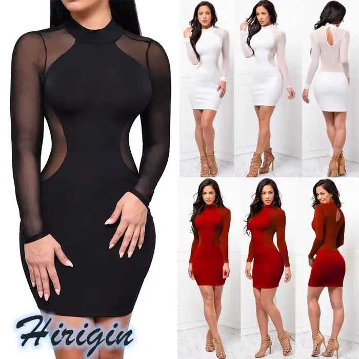 Robes d'été nouvelles femmes été décontracté à manches longues col rond robe dos nu Sexy dentelle voir si Mini